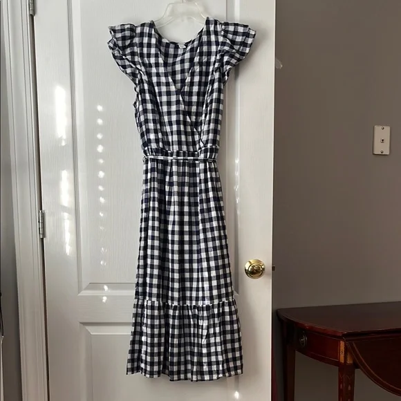 Old Navy Blue Checkered Midi Dress with Ruffle Sleeves - Picture 1 of 8